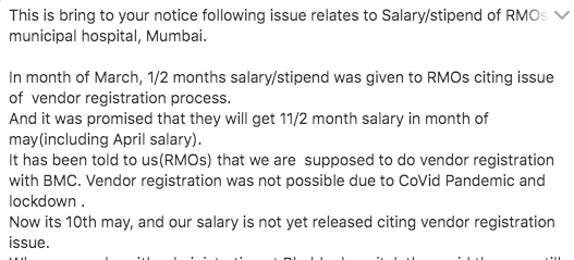 suchetadalal's tweet photo. Dear @mybmc &amp; people outraged about #SionHospital. PLEASE outrage about this: NO RESIDENT MEDICAL OFFICER HAS RECEIVED SALARY/STIPEND  SINCE MID MARCH, citing crap like vendor registration! They will live on flower petals and thali banging? They bear brunt of #CovidCare PAY THEM https://t.co/yZQHHCFafK