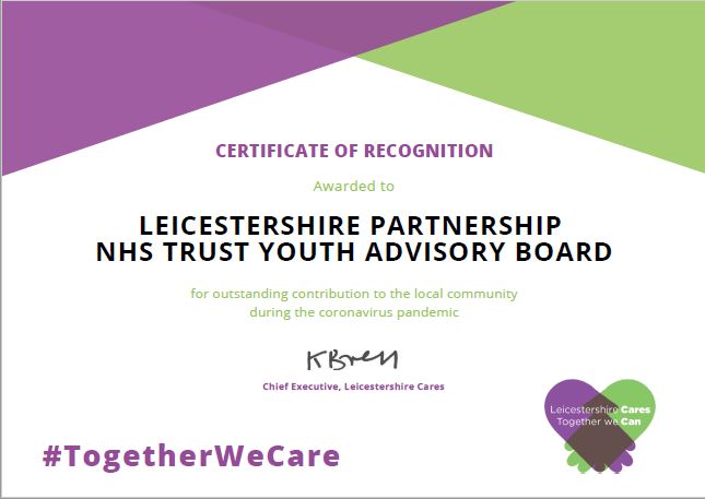 emilyrobrtshaw's tweet photo. Thankyou @LeicsCares for nominating the @LPTnhs #YouthAdvisoryBoard with a #TogetherWeCare award for outstanding support to the local community during the coronavirus crisis with the #Tensecondtips campaign. We are all so honoured with this recognition. @BezMartinYthWrk https://t.co/LSfMD5zEGE