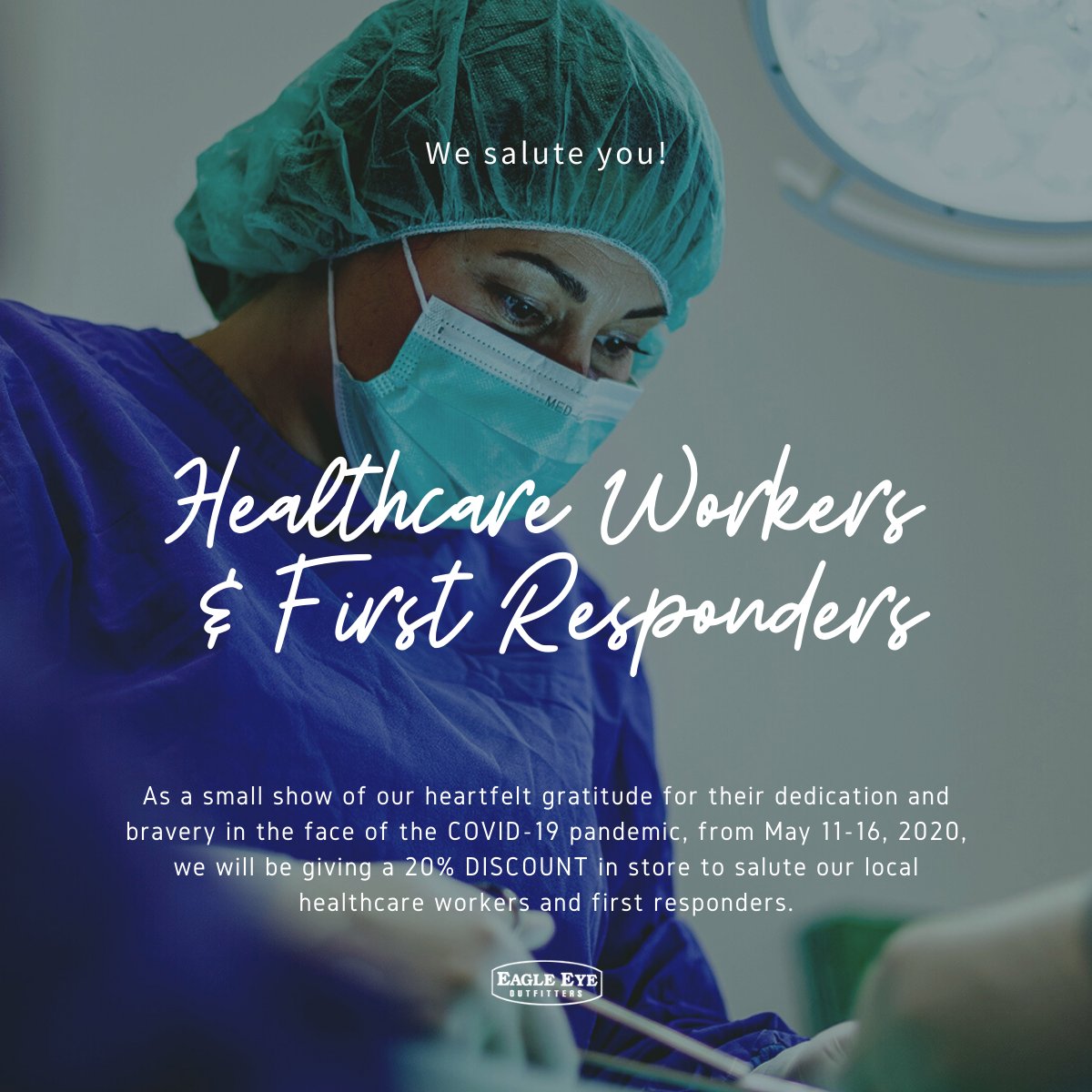 As a small show of our heartfelt gratitude for their dedication and bravery in the face of the #COVID19 pandemic, from May 11-16, we will be giving a 20% discount to salute our local HCWs and First Responders who visit us in-store. 

#LoveDothan #WeSaluteYou #thankyou