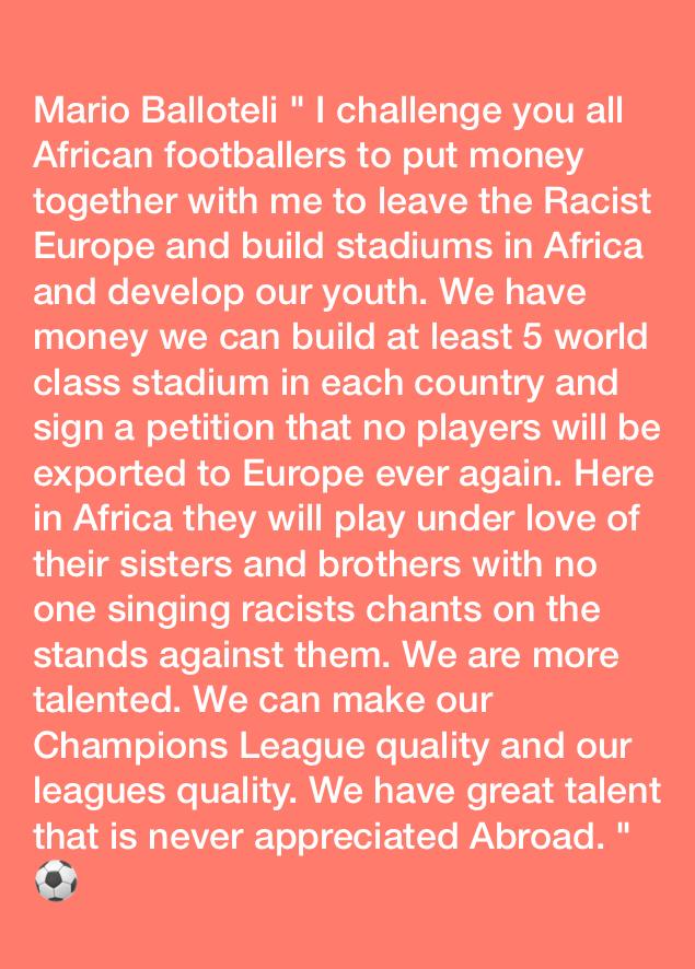 BTogunde's tweet photo. If balloteli who is ar ueropean national a successful man for that matter, Can still think better of his mother continent AFRICA. This in a real challenge. https://t.co/Z6ChTunc2b