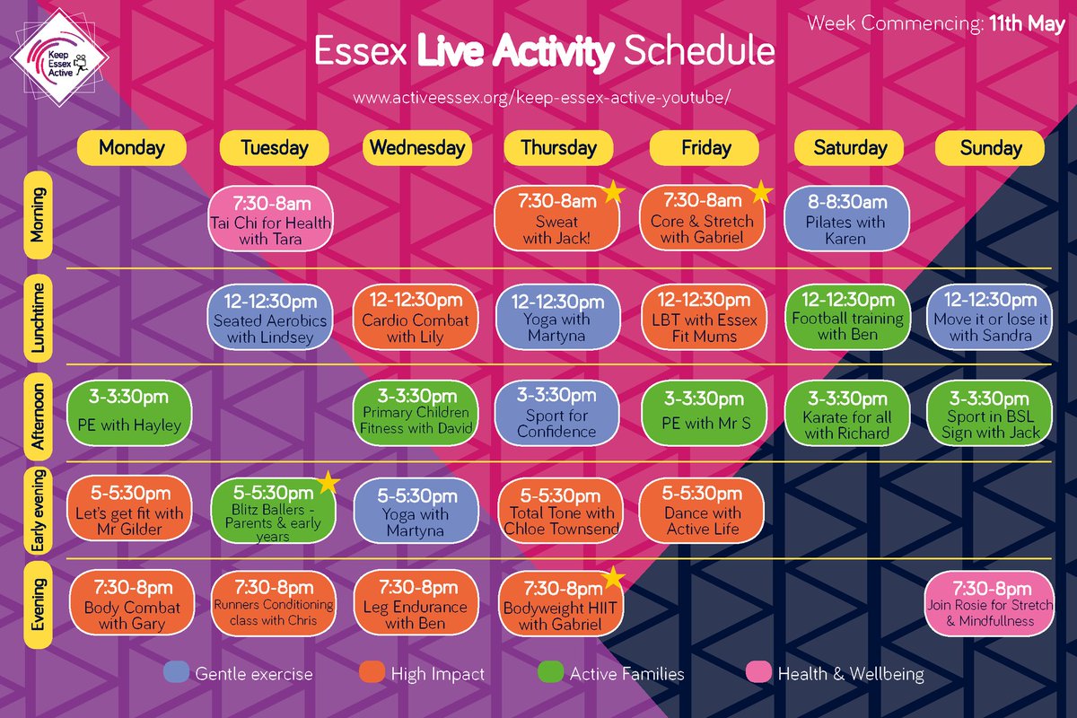 EssexPH's tweet photo. Need some #MondayMotivation? Look no further than this weeks live activity schedule from @ActiveEssex.
Free online classes for all ages and abilities. So don that sportswear, get active and have fun while looking after your wellbeing 👍
https://t.co/xM4BV8XNU7
#StayHomeKeepActive https://t.co/tYaQMkaIZr