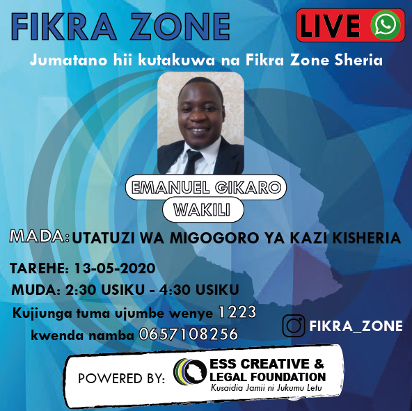 CreativeEss's tweet photo. Ili kufahamu zaidi kuhusu utatuzi wa migogoro ya kazi kisheria, usikose Jumatamo hii katika FIKRA ZONE SHERIA #esslegalassurance #userfriendlyjustice @IlalaYetu https://t.co/IseAxO0SLY