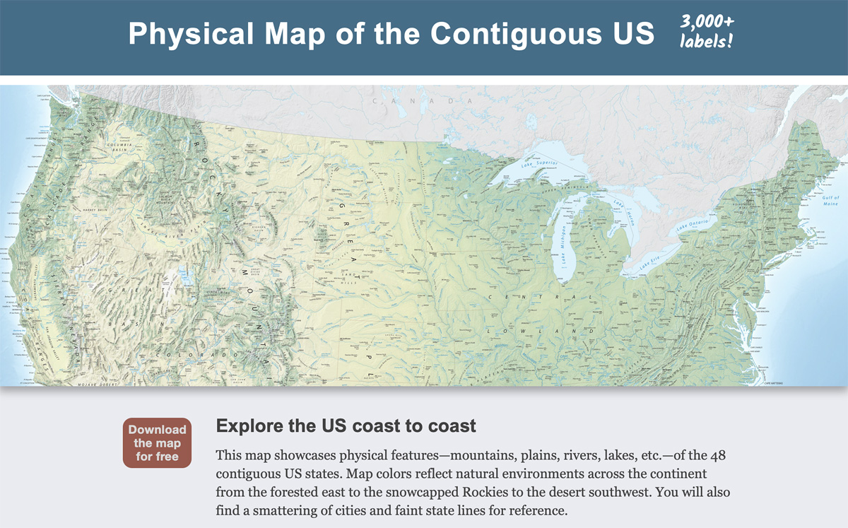 MtnMapper's tweet photo. It’s done. Version 1.0 of my US physical map is available at the link below. Thanks again to the many of you who offered comments. Nearly all of your suggestions made it on the map. https://t.co/FGkb7wEh3c https://t.co/mTZpE8T503