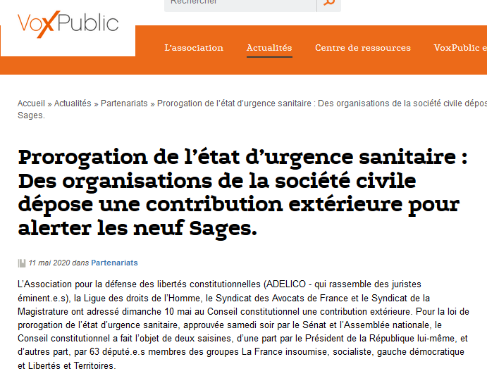VoxPublic_'s tweet photo. 4 organisations: ADELICO, @LDH_Fr, @syndicatavocats et @SMagistrature ont déposé dimanche soir une contribution extérieure au @Conseil_constit sur la loi de prorogation de #etaturgencesanitaire . Un travail collectif très substantiel. A retrouver ici :https://t.co/SbS4Bhbax9 https://t.co/W7JagIMXa1