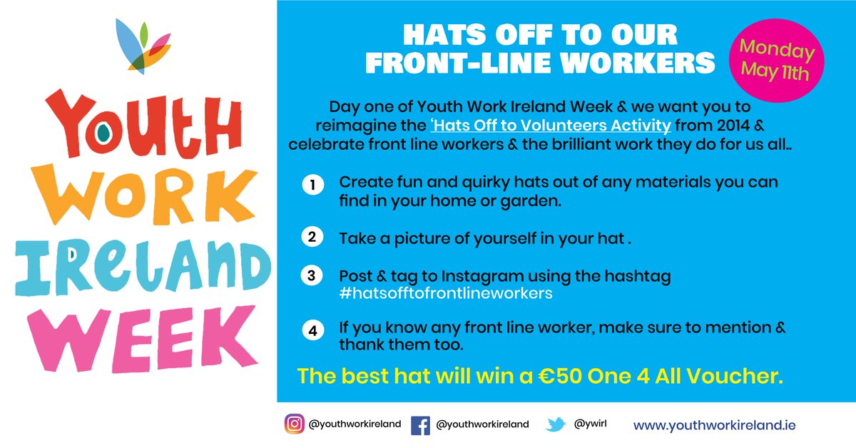 It's day one of Youth Work Ireland Week &amp; we want you to
celebrate front line workers &amp; the brilliant work they do for us all.. so get creating and celebrating... all pictures tagged with #hatsofftofrontlineworkers will be in with a chance to win a €50 One 4 All voucher 👏👩‍🔬👮‍♂️💕