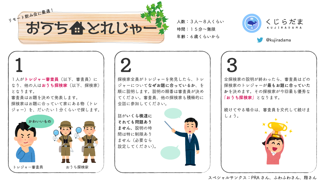 くじらだま オンライン飲み会に最適なゲームを考えたので公開します 審査員が出したお題に合うものを家の中から探し それについて説明するゲームです 説明中にどれだけ話が脇道に逸れてもok 意外なエピソードを聞けたり 大爆笑が起こったり