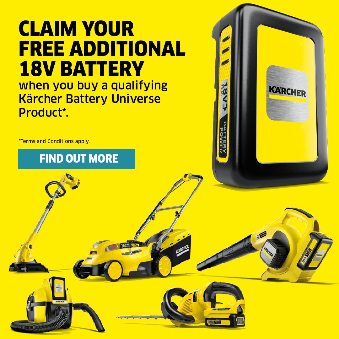 stelltd's tweet photo. Claim your free additional 18V battery when you buy a qualifying Karcher Battery Universe Product https://t.co/Q66AVf6PXW https://t.co/SvjqOlO3EF