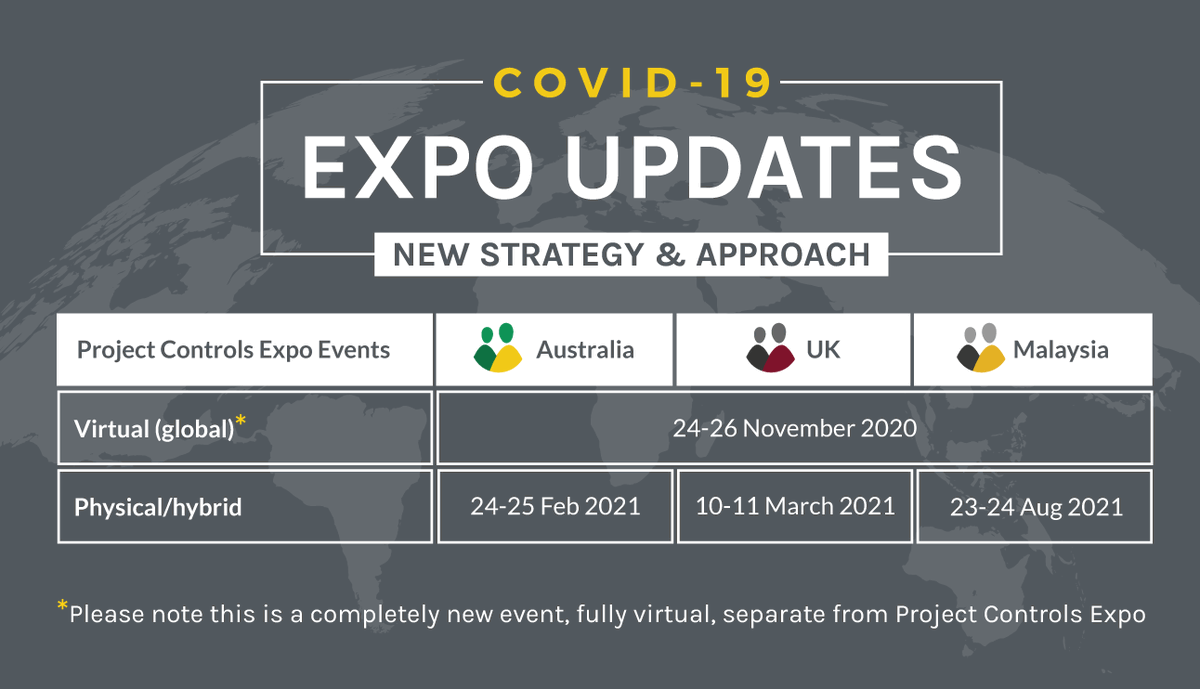 ProjConExpo's tweet photo. Following our Project Controls Expo UK new dates announcement, we are pleased to inform you of our Australia, Malaysia and new Virtual events dates. 
For full details on our new strategy and dates, please visit our new website. https://t.co/hoTlnJgAp6

#PCExpo2021 #KualaLumpur https://t.co/gQIlTwIw4O
