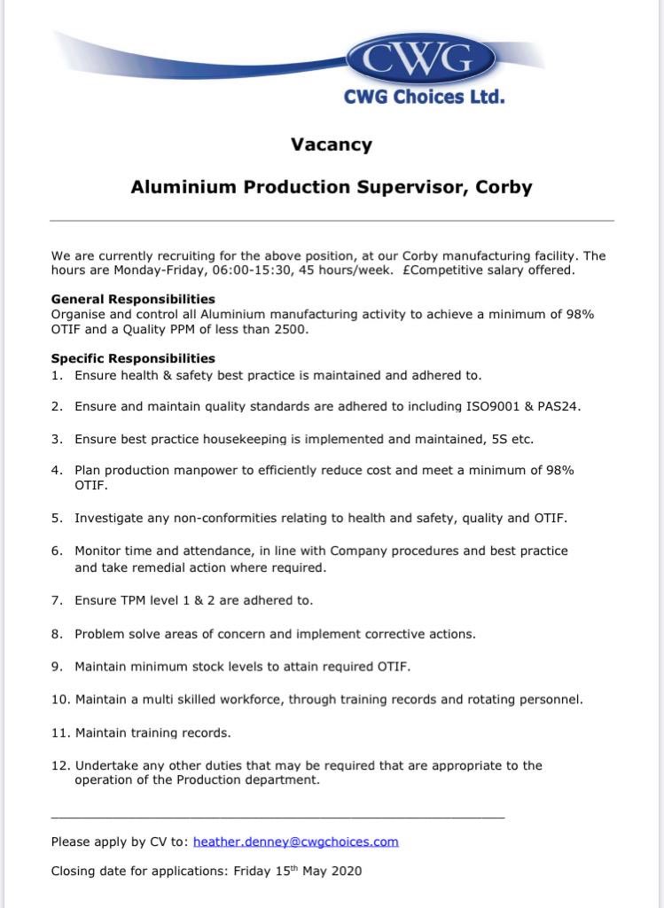 CWGChoices's tweet photo. CWG are recruiting! We have an exciting opportunity for an aluminium window and door manufacturing supervisor/manager in our growing aluminium manufacturing department at Corby, please contact us to register you interest. Full details... https://t.co/mvrd8XDNoh