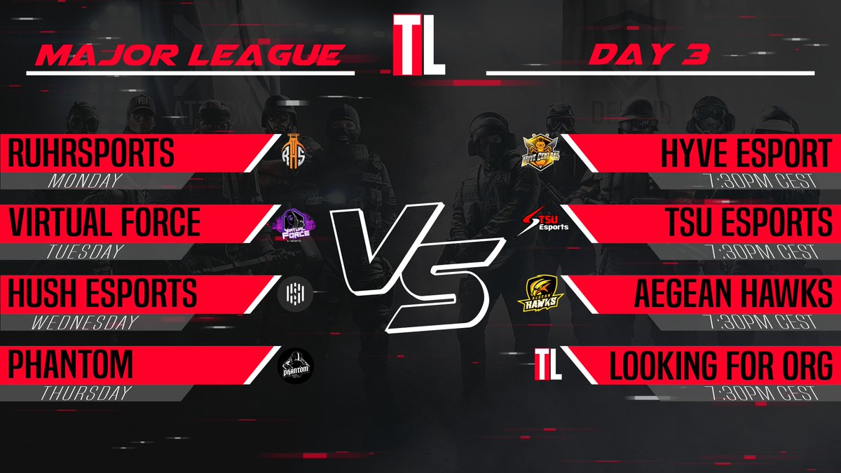 TalentRainbow6's tweet photo. Major League - The schedule for this week aka playday 3. All games will be casted on our twitch👀https://t.co/mXW3niDglG 

#talentleague #twitch #MAJOR https://t.co/wKDUVX8S5z
