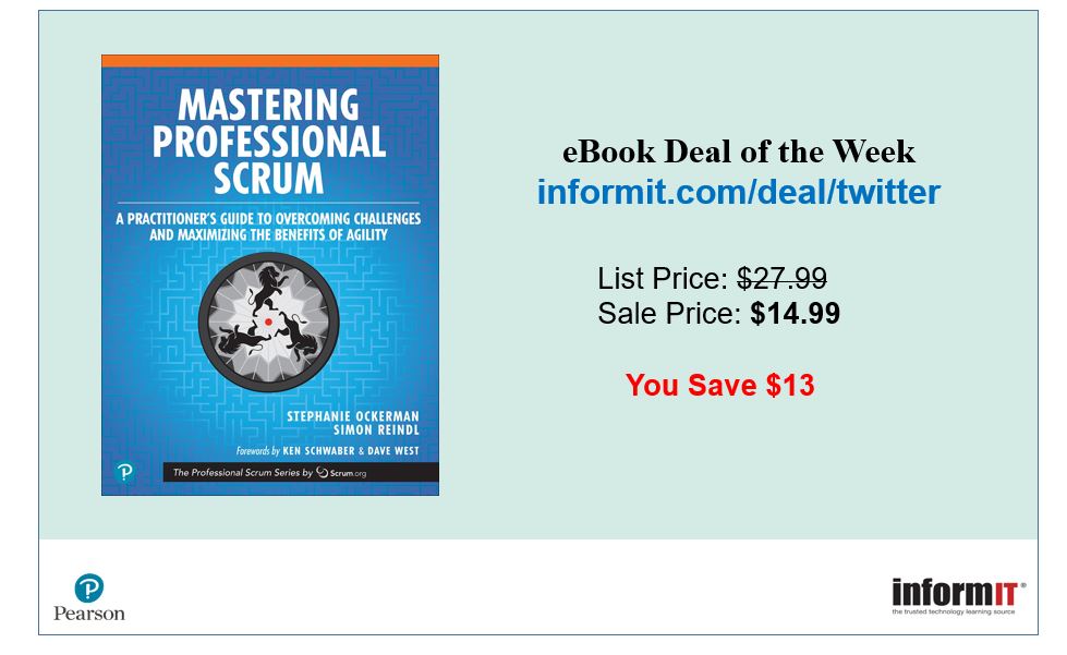 s_reindl's tweet photo. The book I wrote with @thetravelchica is the Informit book of the week deal. From May 10 to May 16 it is a great price. Available here: https://t.co/KC30C2NqyL. Enjoy some #Scrum reading. #Scrummaster #ProScrum https://t.co/w0SY0fE7BR