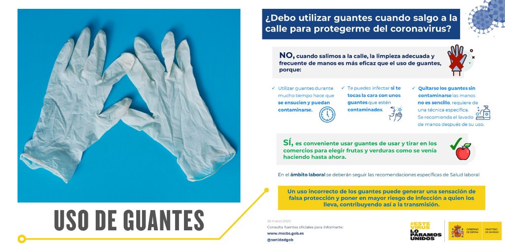 🧼La higiene adecuada y frecuente de manos es más eficaz que los GUANTES. Su uso incorrecto genera una sensación de falsa protección.

❌NO son necesarios al salir a la calle

✅ Sí son convenientes los de usar y tirar en la compra de fruta y verdura

#EsteVirusLoParamosUnidos