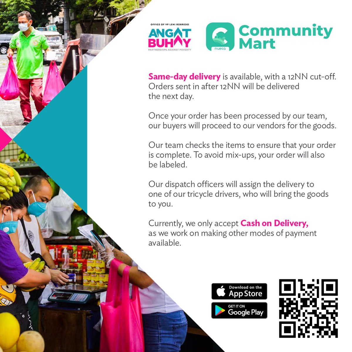lenirobredo's tweet photo. We're launching COMMUNITY MART, our new program in partnership with the Quezon City Government. This is basically aimed at helping small market vendors and tricycle drivers whose means of livelihood have been greatly affected by the Enhanced Community Quarantine. https://t.co/Fl3vjL1WK4