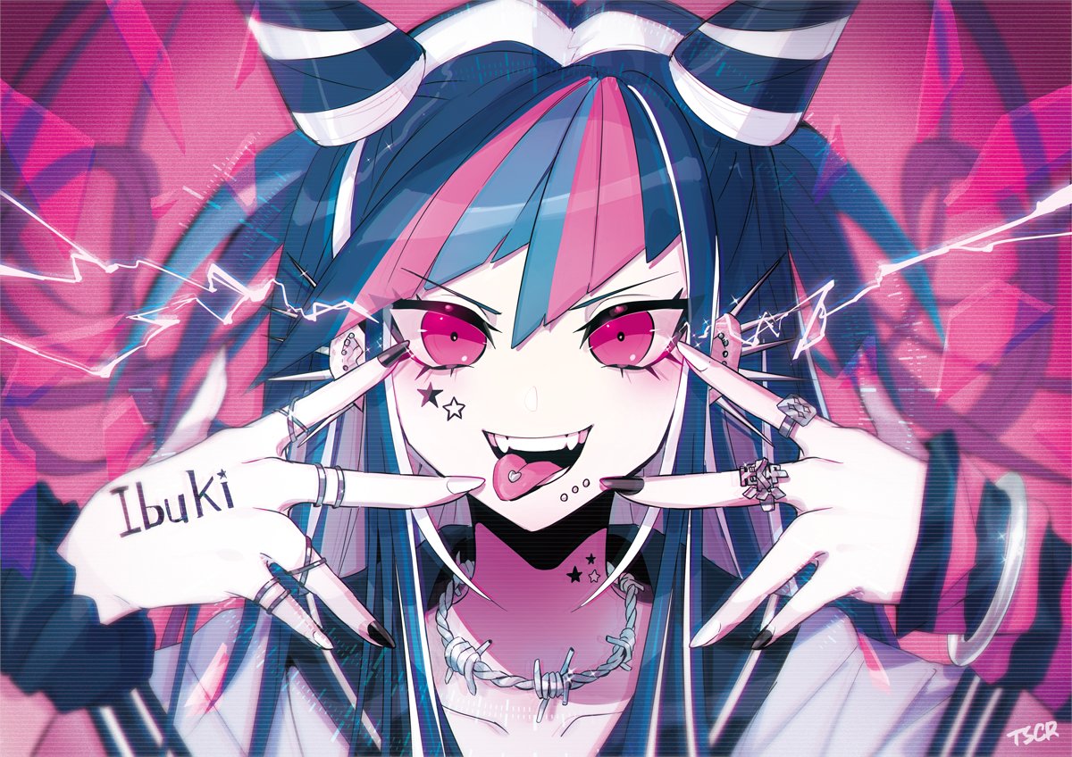 mioda ibuki 1girl solo piercing hair horns tongue pink eyes jewelry  illustration images