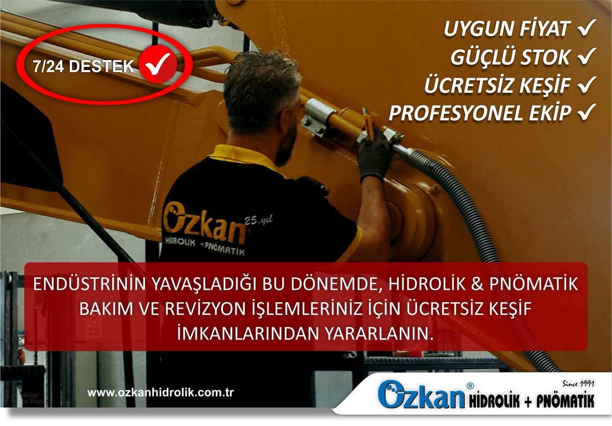 ENDÜSTRİNİN YAVAŞLADIĞI BU DÖNEMDE, HİDROLİK &amp; PNÖMATİK BAKIM VE REVİZYON İŞLEMLERİNİZ İÇİN ÜCRETSİZ KEŞİF İMKANLARINDAN YARARLANIN. 
MÜHENDİSLERDEN OLUŞAN KADROMUZLA HER ZAMAN YANINIZDAYIZ!
daha fazlası için web sitemizi ziyaret ediniz!
ozkanhidrolik.com.tr

#ÖzkanHidrolik