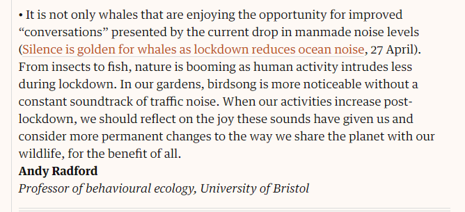"When our activities increase post-lockdown, we should...consider more permanent changes to the way we share the planet with our wildlife, for the benefit of all."

Wise words in the <a href="/guardian/">The Guardian</a> today from Prof. Andy Radford (<a href="/Dwarf_Mongoose/">Dwarf Mongoose</a>) - hear more at bbc.co.uk/sounds/play/m0…