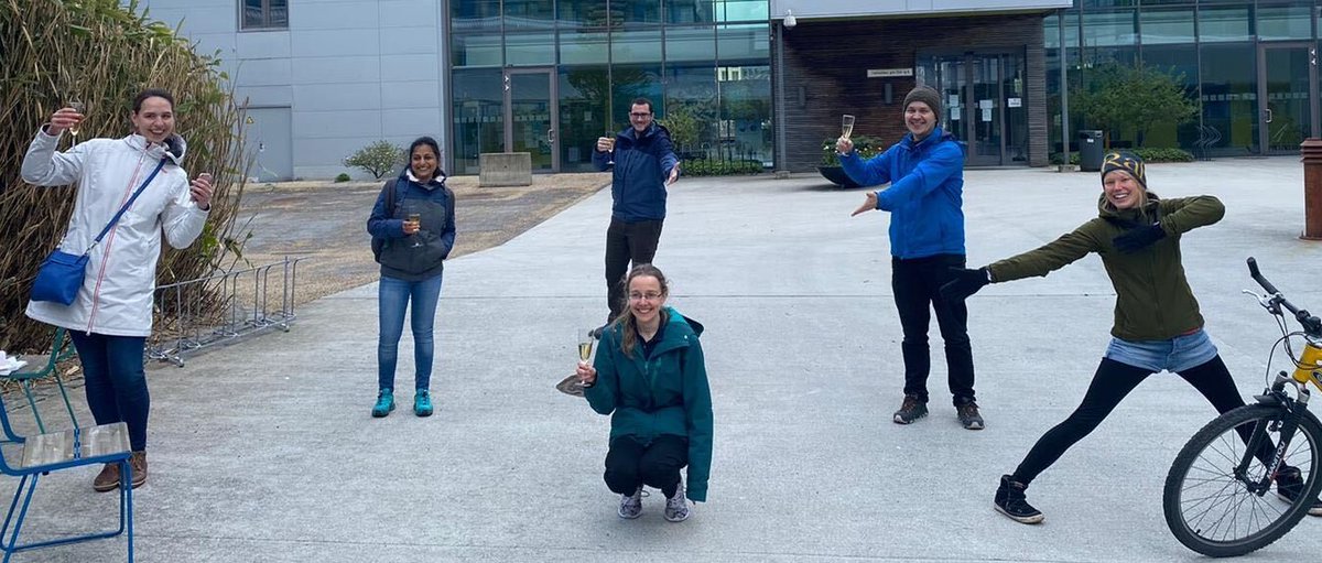 Pawel_Burkhardt's tweet photo. Celebrating Tarja Hoffmeyer for her successful PhD viva with champagne at 1 meter distance. Been an honour to have you in the laboratory. Thanks @anariesgogil &amp; @JekelyLab for examining and @AncestralState @UniofExeter @thembauk @Sars_Centre for the support over the last 4 years! https://t.co/XsMOzaGOyJ
