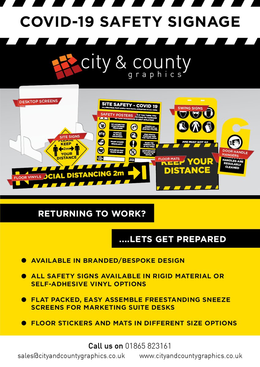 RETURNING TO WORK……..LETS GET PREPARED

COVID-19 safety catalogue – including safety signs, sneeze screens, floor stickers, swing signs, site posters and more. Visit cityandcountygraphics.co.uk/covid19-signag… for more information.

#stayalert #keepsafe #newhomes