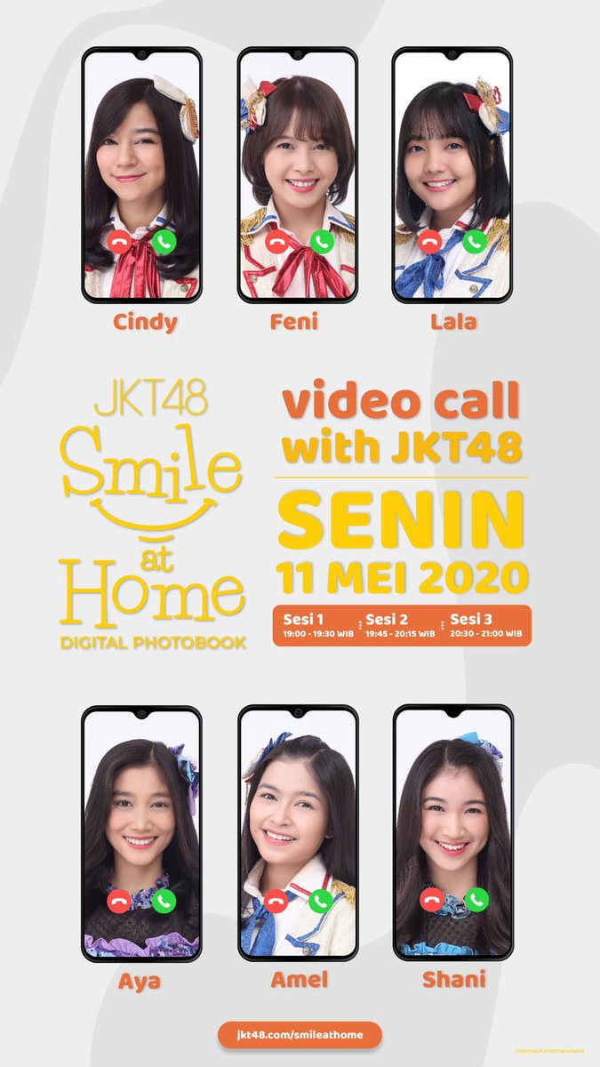 Hallo semuanya...
Jadwal #JKT48SmileatHome
Senin 11 Mei 2020
Sesi 1, Jam 19.00 WIB
Sesi 2, Jam 19.45 WIB
Sesi 3, Jam 20.30 WIB

Pastikan anda sudah membeli ini ya...

Dan baca Syarat dan ketentuan #VideoCallJKT48

<a href="/RiskaddictID_/">Official Riskaddict</a> <a href="/Fenidelity__INA/">Fenidelity INA</a> <a href="/la_starlight/">Lastarlight</a> <a href="/Ayanesia_INA/">Ayanesia</a>