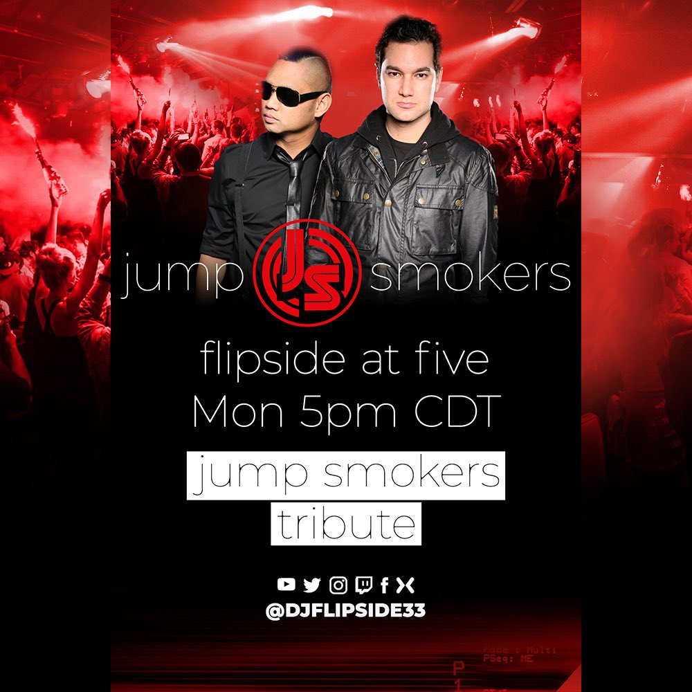 DJFlipside33's tweet photo. Flipside at Five !Edm(Every Damn Monday) Today We are doing a special mix All Jump Smokers! Playing your favorite @jumpsmokers originals and remixes!! Watch @Djflipside33 Twitch, YouTube, Twitter, Facebook.
#music #flipsideatfive #jumpsmokers https://t.co/1mbvB8IcCL