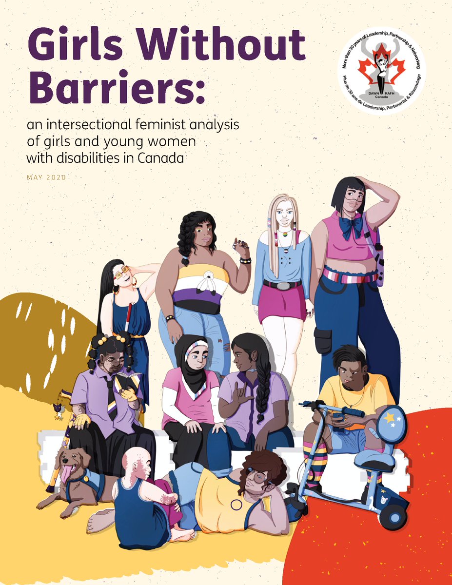 The report’s cover title "Girls Without Barriers: an intersectional feminist analysis of girls and young women with disabilities in Canada MAY 2020" on pastel colours with an illustration of diverse kids with different disabilities.
