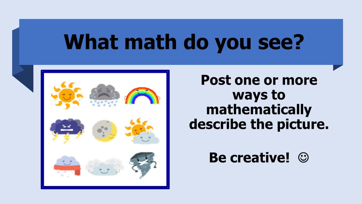 LynnSmi36266459's tweet photo. Our Math this week is inspired by our ever changing weather. I see that 2 of the 9 have suns. What do you see? @DumfriesES #determindeddragons @positivelypwcs @AnitaMagrath @XMcFadden713 https://t.co/KJZkH6DFms