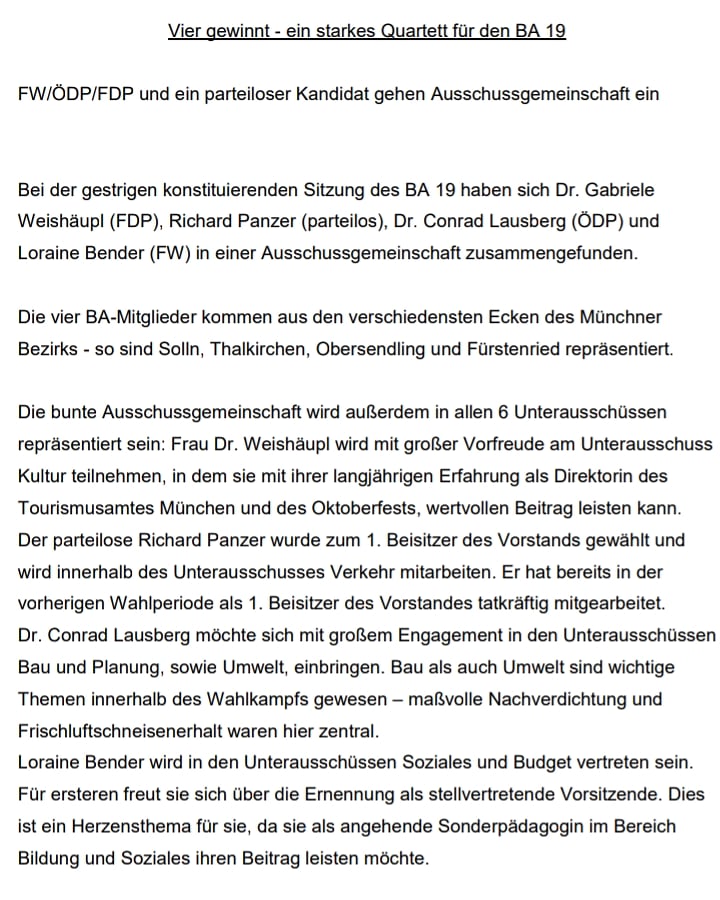 FWmuc's tweet photo. @Lo_Bender hat sich im #Bezirksausschuss 19 mit mehreren Vertretern zu einer Ausschussgemeinschaft zusammengeschlossen.🤝
Sie ist dabei stellv. Vorsitzende im Unterausschuss Soziales.
Viel Erfolg! 🧡
#München #FW #FWMuc #LebenswertesMünchen #PlanfürMünchen #freiewähler https://t.co/p4AJNTUOjz