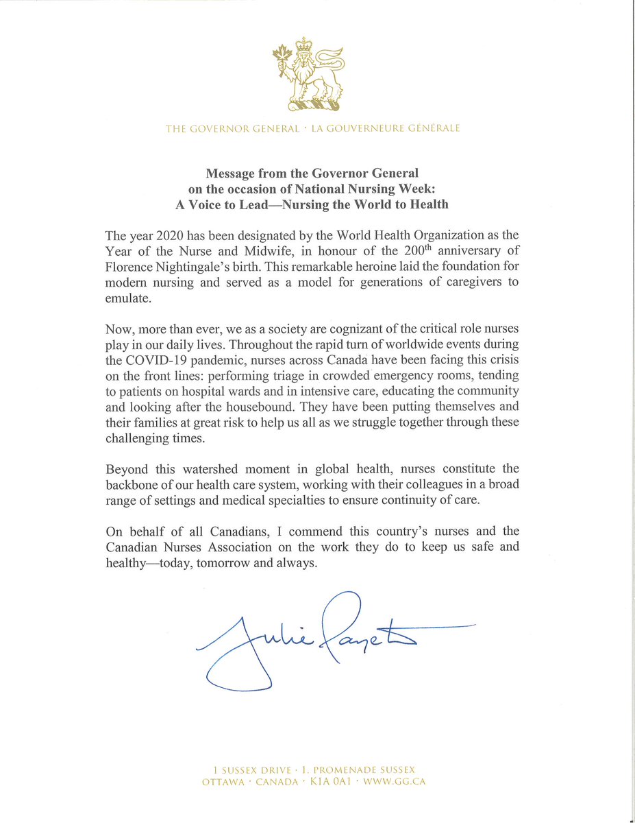 canadanurses's tweet photo. CNA was delighted to receive NNW messages from Governor General Julie Payette and Prime Minister Justin Trudeau to the nurses of Canada #CNA2020, #Nurses2020, #NationalNursingWeek, #YearoftheNurse https://t.co/CQALJiwDOr https://t.co/8hOt55NYSJ