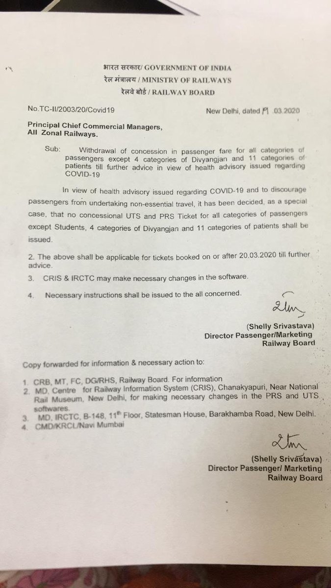 ANI's tweet photo. No concessional Unreserved Ticketing System (UTS) and  Passenger Reservation System (PRS) tickets for all categories of passengers except students, 4 categories of Divyangjan and 11 categories of patients shall be issued: Ministry of Railways #COVID19 https://t.co/WU5ub7nBkd