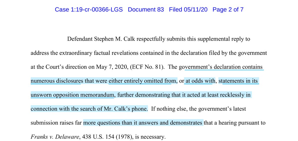 Swear to God if AG Barr instructed  @TheJusticeDept to intentionally torpedo this case - then all ducking bets are off.A plain reading of Calk’s motion - even if <5% is true this is deeply problematic Here you can pay $.70 or wait for me to upload it https://ecf.nysd.uscourts.gov/doc1/127026863659?caseid=516086