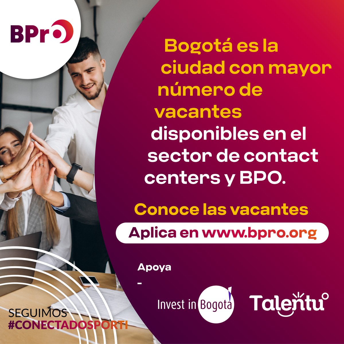 investinbogota's tweet photo. #ConectadosPorTi | Trabajando de la mano con @BPrO_org y #Talentu desarrollamos un espacio para impulsar los puestos de trabajo en #Colombia. Hay más de 20 mil vacantes laborales disponibles en el sector de contact centers y #BPO. Aplique a las vacantes: https://t.co/ErHJNCGSOr https://t.co/FpIUqp4jZ3