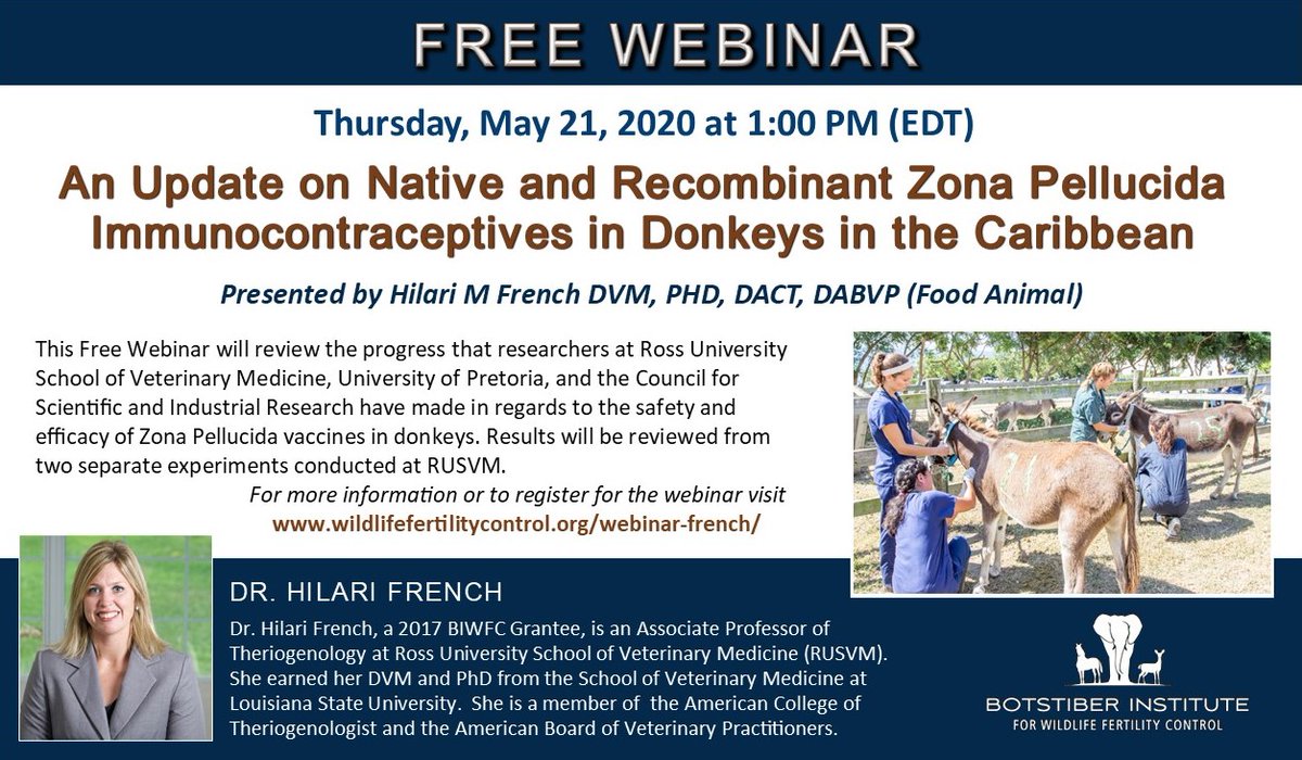 BotstiberIWFC's tweet photo. FREE WEBINAR, May 21 @ 1PM EDT- Native and Recombinant Zona Pellucida Immunocontraceptives in Donkeys- by Dr. Hilary French, Assoc. Prof. Theriogenology, @RossVetSchool. Register @ https://t.co/EZ3n1G1KrG
@HumaneSociety #wildburro #donkey #RUSVM @WildHorsefcg @ReturnToFreedom https://t.co/NigOSWZTSd