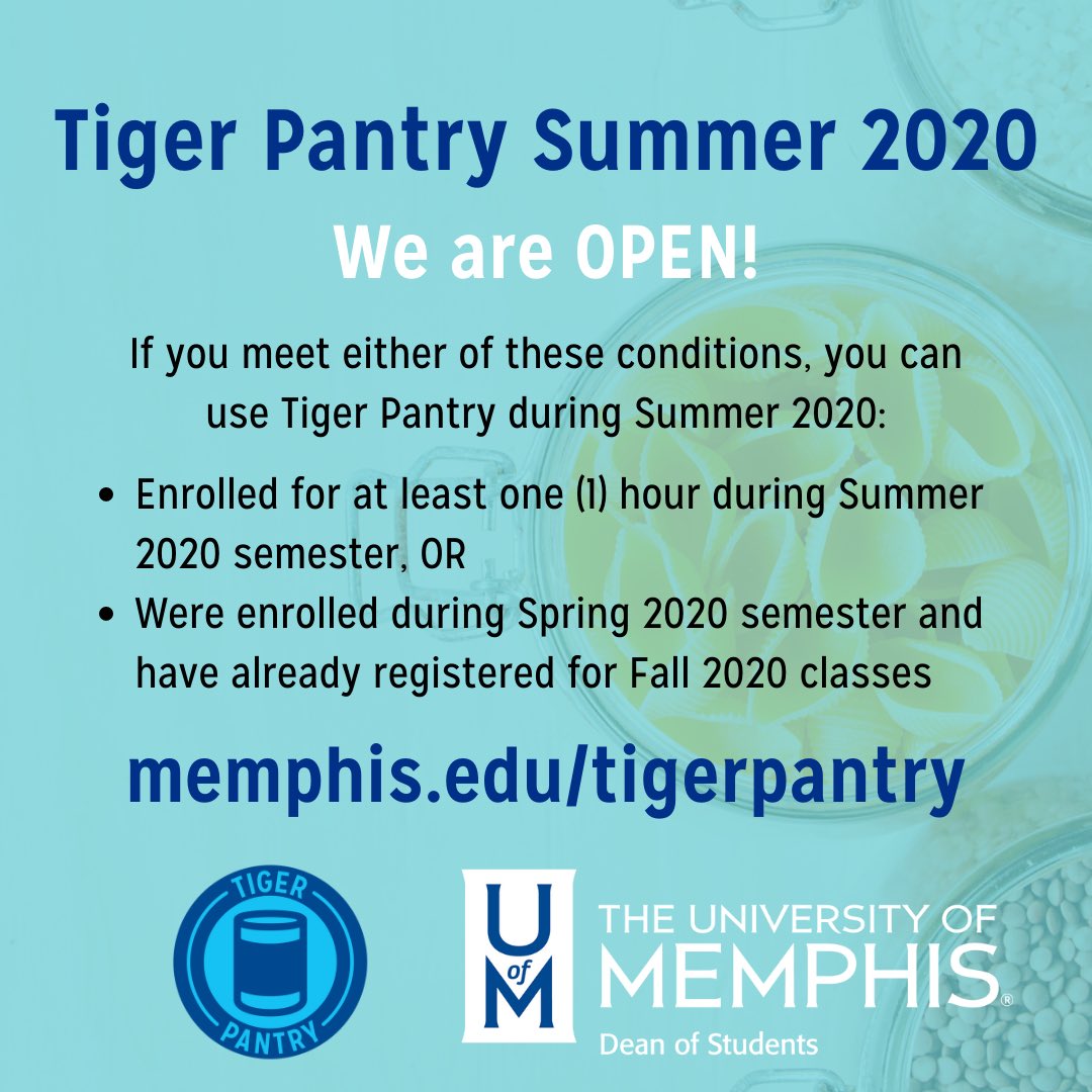 UofMTigerPantry's tweet photo. Tiger Pantry is OPEN during summer! Current students (enrolled either Summer 2020 OR Fall 2020) can schedule pickups at https://t.co/8EZZlGde5q! #RealCollege #CollegeHunger #SwipeHunger #DrivenByDoing #GTG https://t.co/MGUdQlnXzo