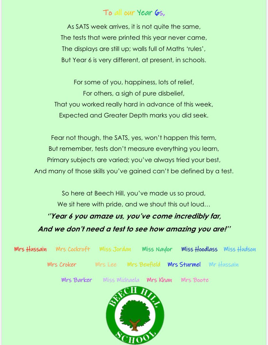 beechhillsch's tweet photo. #sats #nosats It should have been SATs week today. Our year 6 children have worked so hard and we want them to know how proud we are of them. They are more than just a test #Year6 https://t.co/pl5goUwZZ2
