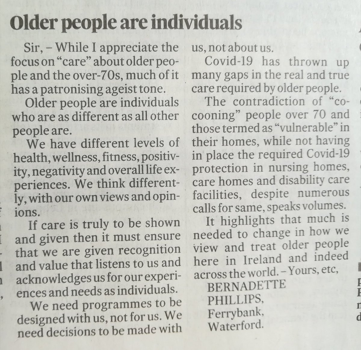 Bernadette Phillips (@bphillipswriter) on Twitter photo My Letter To The Editor in today's <a href="/IrishTimes/">The Irish Times</a> newspaper.
#olderpeople #COVID19ireland
#olderpeopleareindividuals
Bernadette Phillips
11th April 2020 My Letter To The Editor in today's <a href="/IrishTimes/">The Irish Times</a> newspaper.
#olderpeople #COVID19ireland
#olderpeopleareindividuals
Bernadette Phillips
11th April 2020