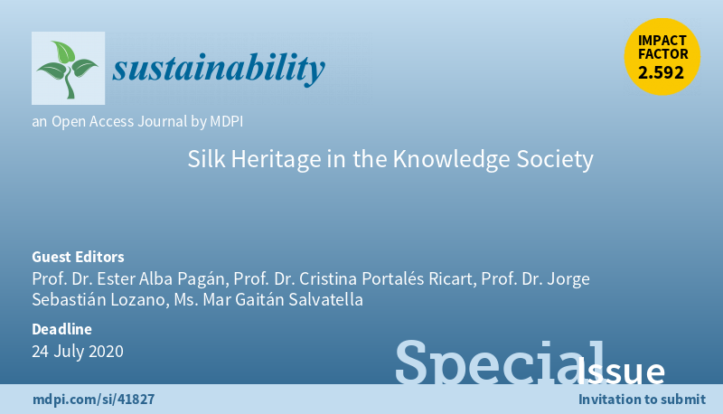 📢 #CallforPapers: Silk Heritage in the Knowledge Society, <a href="/Sus_MDPI/">Sustainability</a> journal. 

What are you waiting for? 

More info: bit.ly/2WnyFfO

<a href="/cdmtextil/">Museu Tèxtil de Terrassa</a> <a href="/FashionTextile/">Fashion and Textile Museum</a> @ICON_Textiles <a href="/TMCtoronto/">Textile Museum of Canada</a> <a href="/museodeltessuto/">museodeltessuto</a> <a href="/MuseodelTraje/">Museo del Traje, Madrid</a> <a href="/Museo_Lazaro/">MuseoLázaroGaldiano</a> <a href="/Arte_Seta_Lisio/">Fondazione Lisio</a> <a href="/ICOMCostume/">ICOM Costume</a>