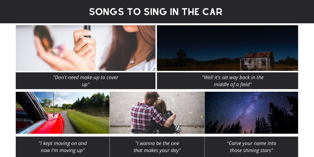 PaulHansellFdn's tweet photo. Can you figure out the songs from these key lyrics???

The first #ConvoSong 2.0 battle launches tomorrow at 11:59 AM and the theme is "Songs to Sing in the Car"! We're giving you one last sneak peak with a few extra hints before voting opens... https://t.co/q6NMpSeOff