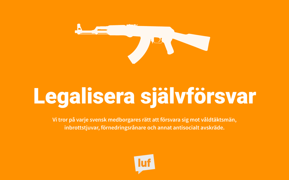 samuel_kdu's tweet photo. Självförsvarsfrågan har alltid legat mig varmt om hjärtat. Det är uppenbart att den svenska rättsapparaten inte kan hantera den extrema brottslighet som har importerats från diverse skithålsländer. #nyaluf står för varje svensks rätt att med vapen försvara sig mot avskrädet. https://t.co/y0VeeRYMy5