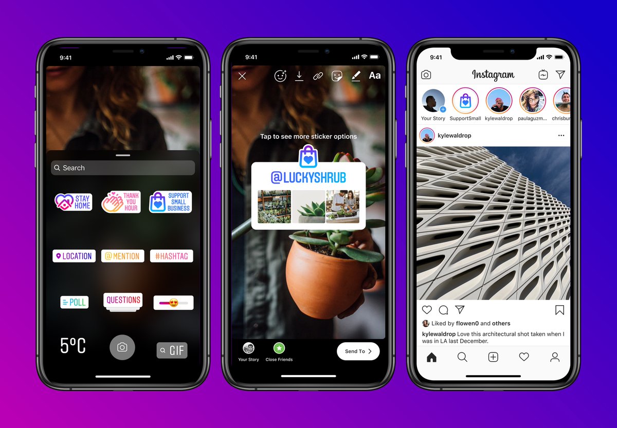 instagram's tweet image. Today we’re launching a “Support Small Business” sticker in stories so you can show love to your favorite small businesses.💓
 
Use it and your photo or video will be added to a shared story where friends can see which businesses you support. 🙌