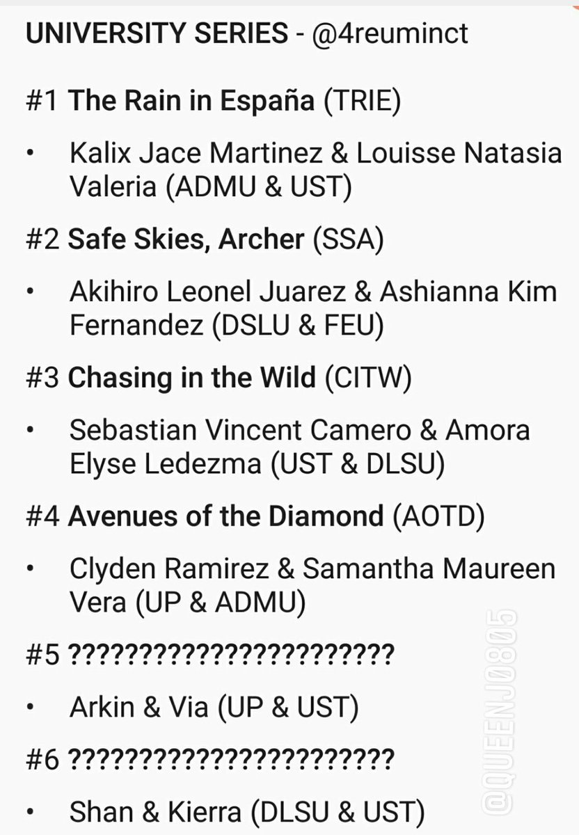 JJan0805's tweet photo. #UniversitySeries by @4reuminct
I think this will be the order or maybe not? But I'm now hoping.. hahahaha
#TRIE #SSA #CITW #AOTD
#Kalix #Luna #Hiro #Yanna #Sevi #Elyse #Cy #Sam #Via #Arkin #Shan #Keirra
#UST #ADMU #DSLU #FEU #UP https://t.co/HV8H2YLXH2