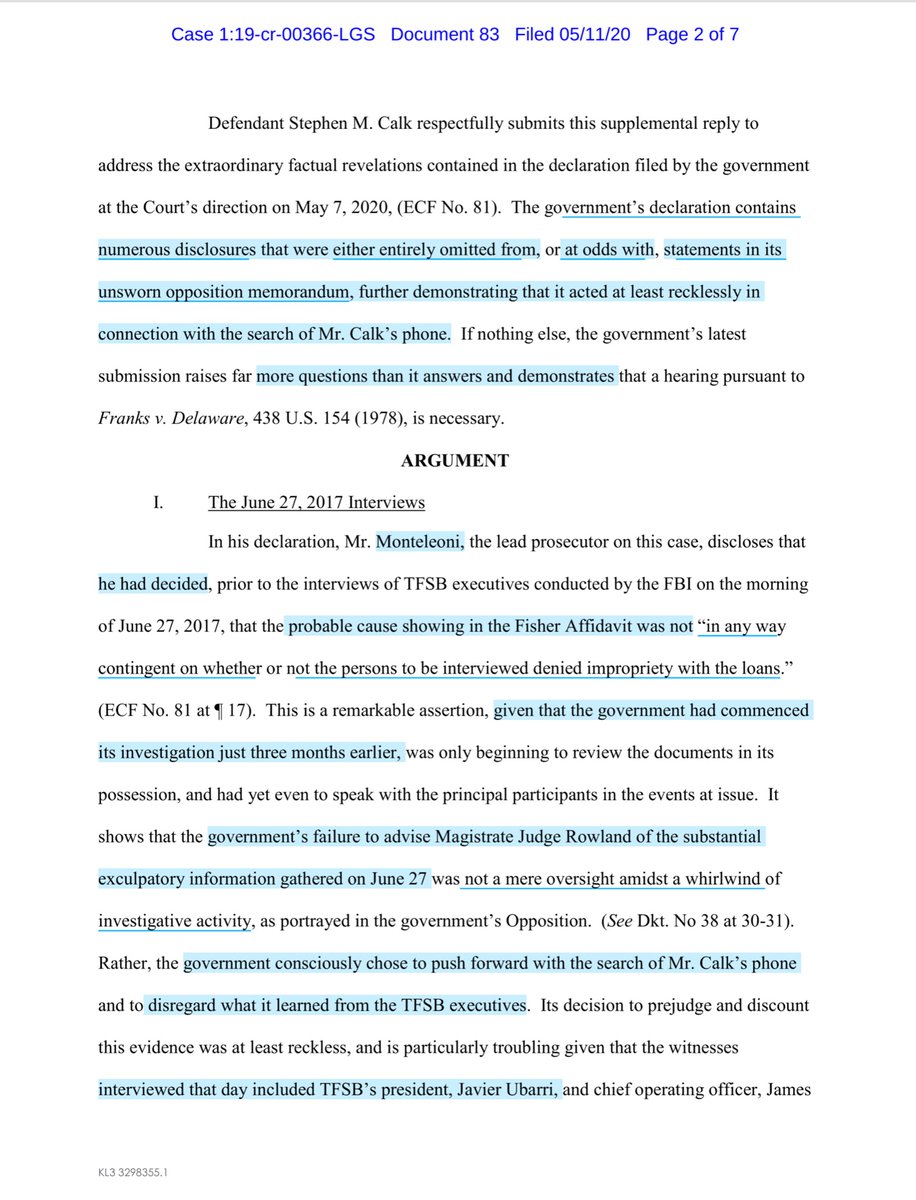 Monteleoni declaration discrepancies:“government consciously chose to push forward with the search of Mr. Calk’s phone and to disregard what it learned from the TFSB executives. Its decision to prejudge and discount this evidence was at least reckless” https://drive.google.com/file/d/1f3juGy6dbwhBItDRJjXZVQ2korS5C5cx/view?usp=drivesdk