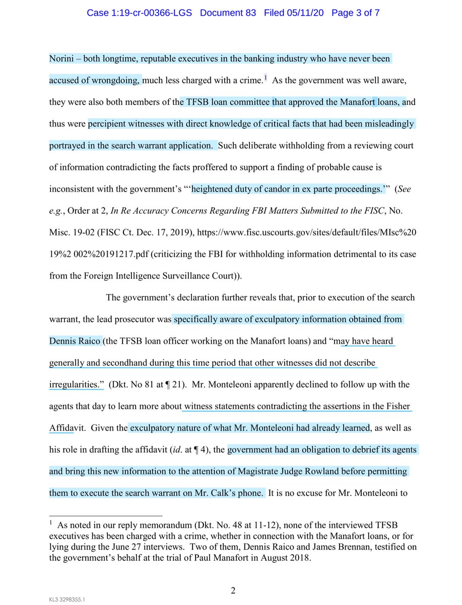 Monteleoni declaration discrepancies:“government consciously chose to push forward with the search of Mr. Calk’s phone and to disregard what it learned from the TFSB executives. Its decision to prejudge and discount this evidence was at least reckless” https://drive.google.com/file/d/1f3juGy6dbwhBItDRJjXZVQ2korS5C5cx/view?usp=drivesdk