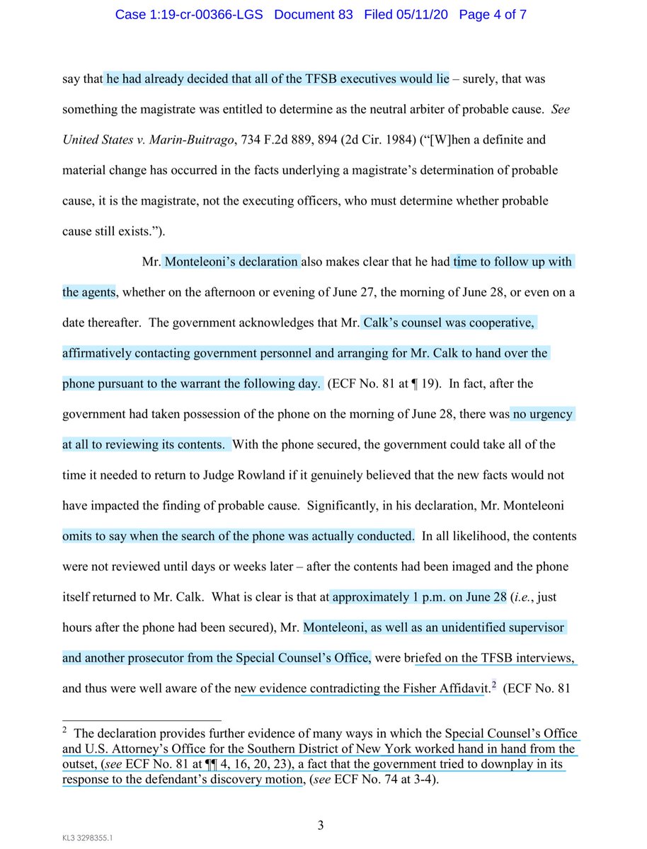 Monteleoni declaration discrepancies:“government consciously chose to push forward with the search of Mr. Calk’s phone and to disregard what it learned from the TFSB executives. Its decision to prejudge and discount this evidence was at least reckless” https://drive.google.com/file/d/1f3juGy6dbwhBItDRJjXZVQ2korS5C5cx/view?usp=drivesdk