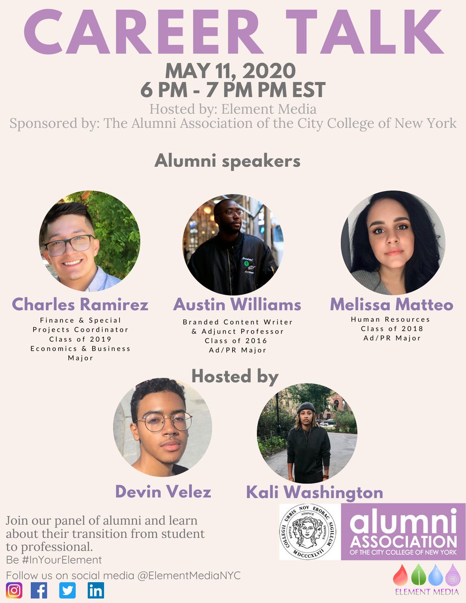 nyc_element's tweet photo. #CheckIn ONLY A FEW HOURS LEFT until our virtual event.

Join us and our guests from the @Alumni_CCNY  to have a career discussion with established professionals from CCNY, in the comfort of your own home 🛋 https://t.co/58eZiJO4zk