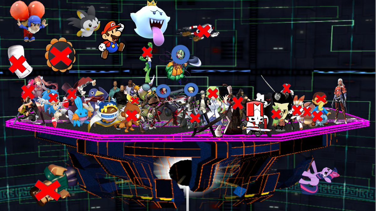 Dogman1199R's tweet photo. So, after going through Twitter, I've made a list of all the For Smash Accounts that have left.
X means that they have left, they are leaving soon, they haven't tweeted in a long time or stopped tweeting Smash stuff.
The blue circle shows people whose names I can't remeber. https://t.co/3d01xYJI71