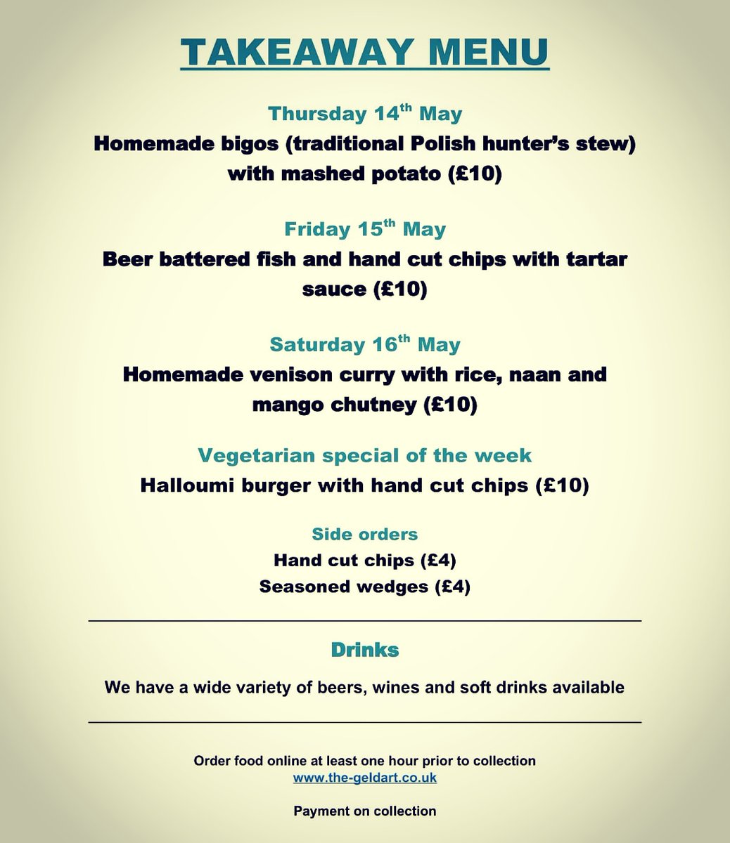 It's that time of the week ... Here we go again with this week's #takeaway menu. We are also open for draught beer and real ale, wines, soft drinks, etc. Order from our website - the-geldart.co.uk Thanks for all your support. #takeawaymenu #takeawaypub #takeawaybeer