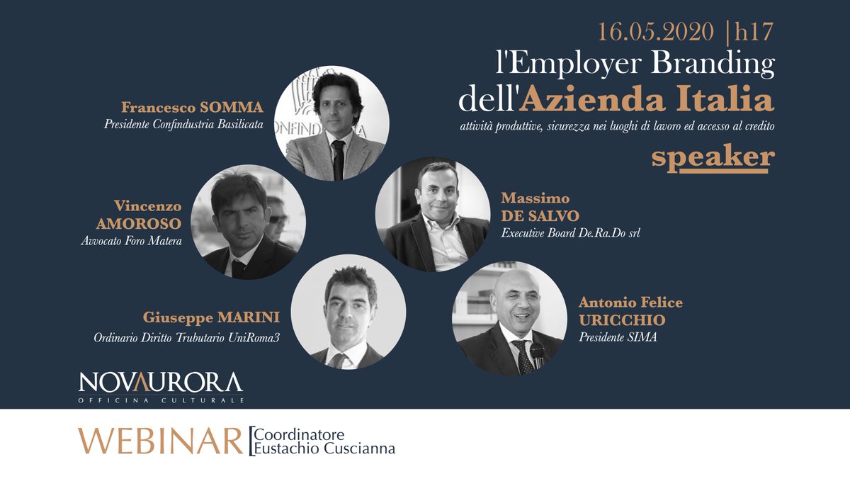[WEBINAR]
l'Employer Branding dell'Azienda Italia
attività produttive, sicurezza nei luoghi 
di lavoro ed accesso al credito
16 maggio 2020 | h17.00

Coordinatore: Presidente NovAurora <a href="/euscuscianna/">Eustachio Cuscianna</a>
Scopriamo insieme una prima parte degli speaker.

#NovAurora #OfficinaCulturale