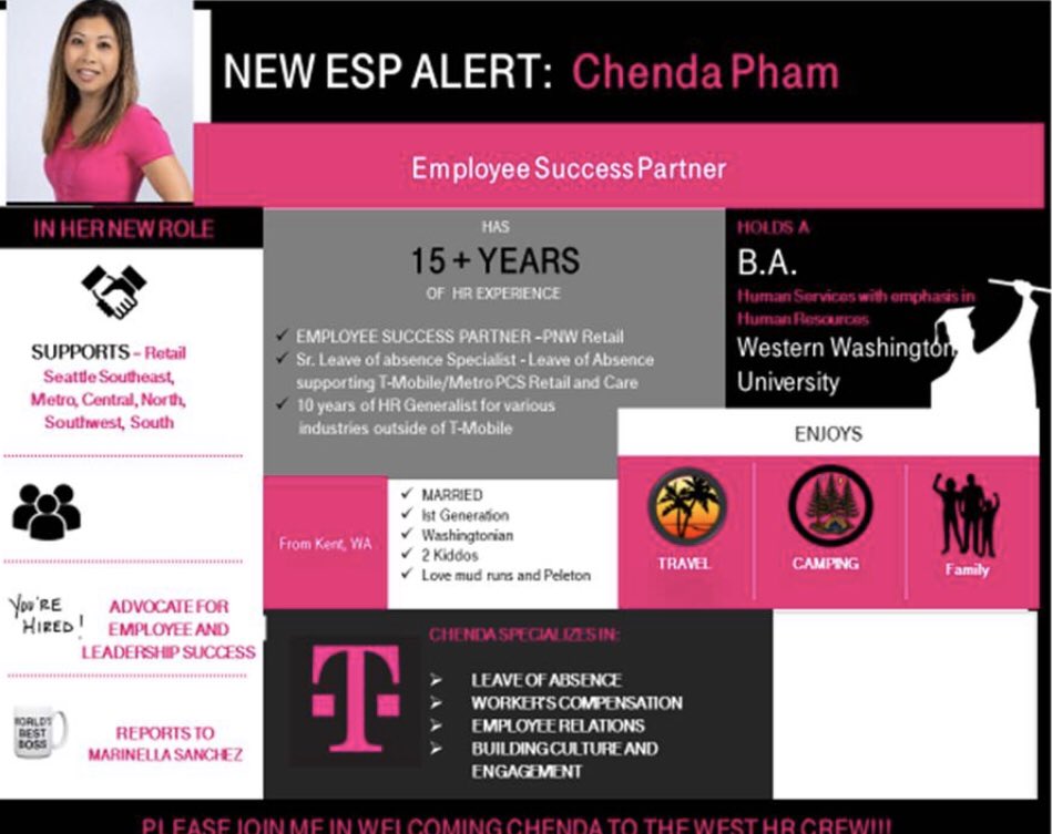 PNW - you have a new ESP (SSE, SW, SM, SC, SN, SS) to partner with starting today!  Meet Chenda! <a href="/CPham80/">CPham</a>  <a href="/arunramchan/">Arun</a> @j_hiteHR <a href="/stacym411/">Stacy Montgomery</a> @PNWNeethaD <a href="/D_Money_B2/">Derek D</a> <a href="/chdcosta/">Chad Costa</a> <a href="/MrsSarahLawton/">Sarah Lawton</a> <a href="/mattpilatti/">Matthew Pilatti</a>