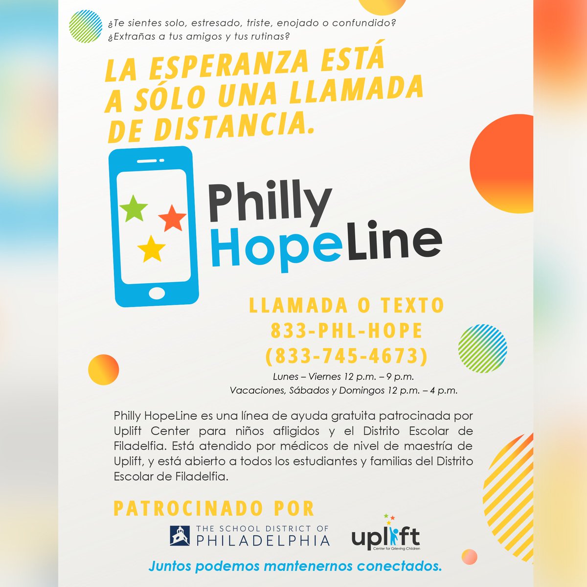 PHLschools's tweet photo. Philly HopeLine has officially launched. Starting today May 11th, District students &amp; families can access mental health services via phone, text, or video chat. 
833-PHL-HOPE(833-745-4673) @UpliftCenter 
#phillyhopeline https://t.co/nZ2dDNb5gA