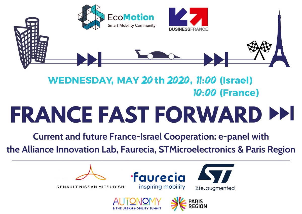 📣 #Innovation : Cette année #EcoMotion sera virtuel mais Business France Israel continue son partenariat avec le rendez-vous annuel et international de la #SmartMobility en #Israel. 

Participer à notre side event virtuel #FranceFastForward  👉 bit.ly/3doEBKX.
